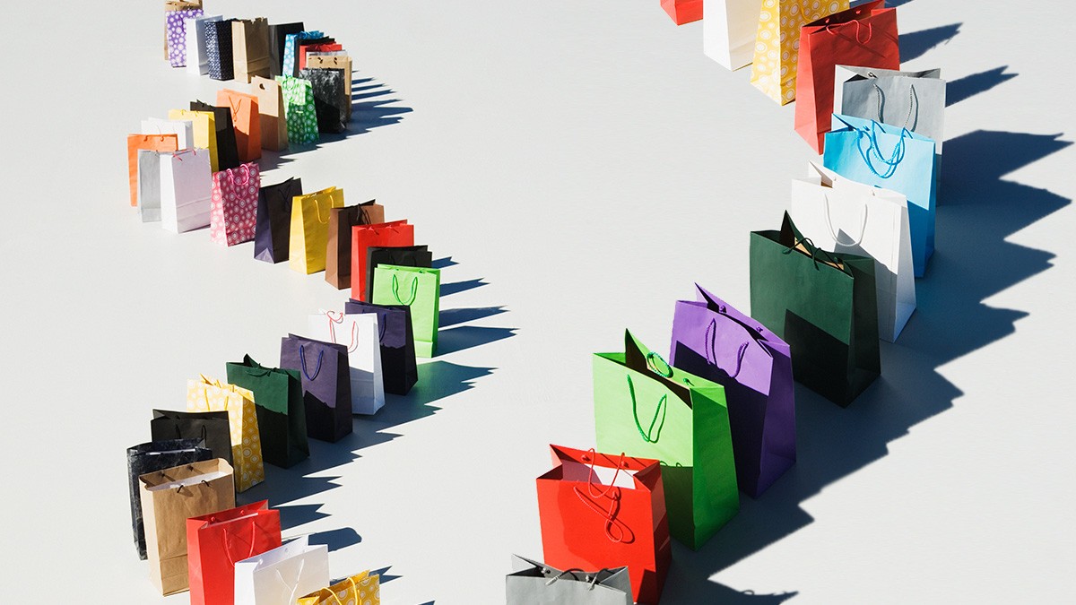 bags lined up like dominoes pointing out the need to stand out in a crowded market