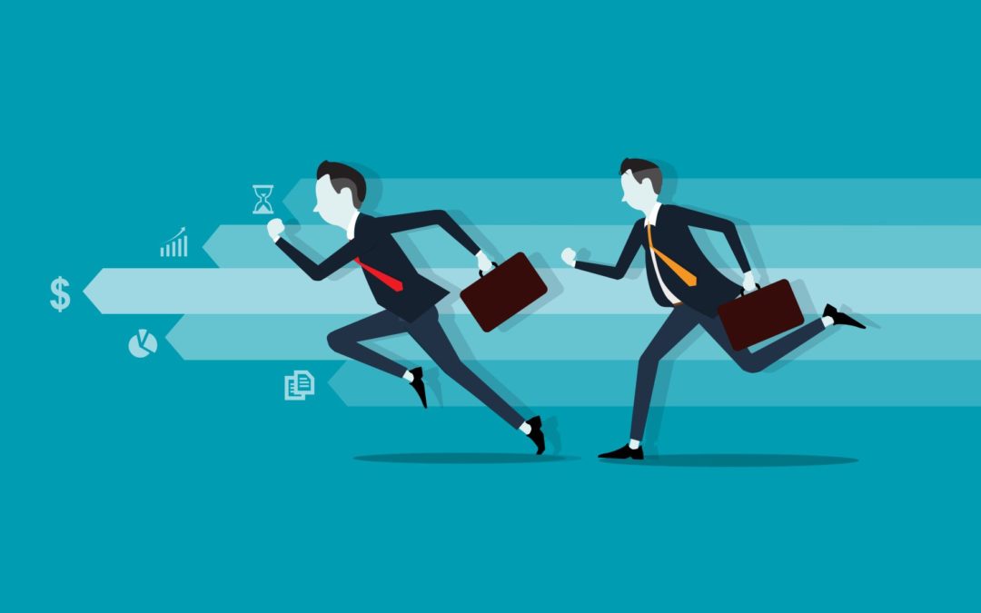 cartoon men in black suits holding briefcases running to attract customers from their competitors