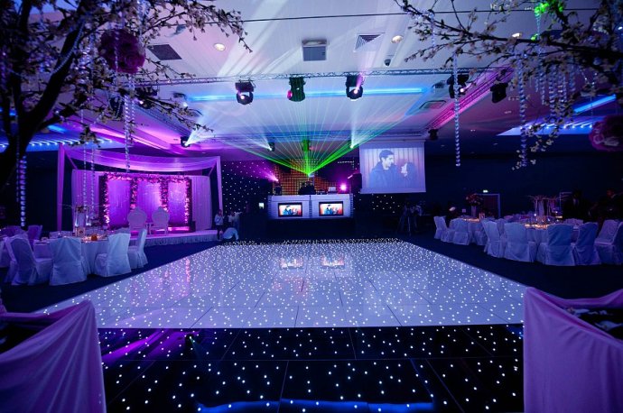 a blue-lighted corporate event
