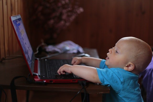baby browsing business website on computer